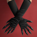 Halloween Witch Costume Claw Gloves Long Black Satin with Attached Talons Elbow Length - Image 1