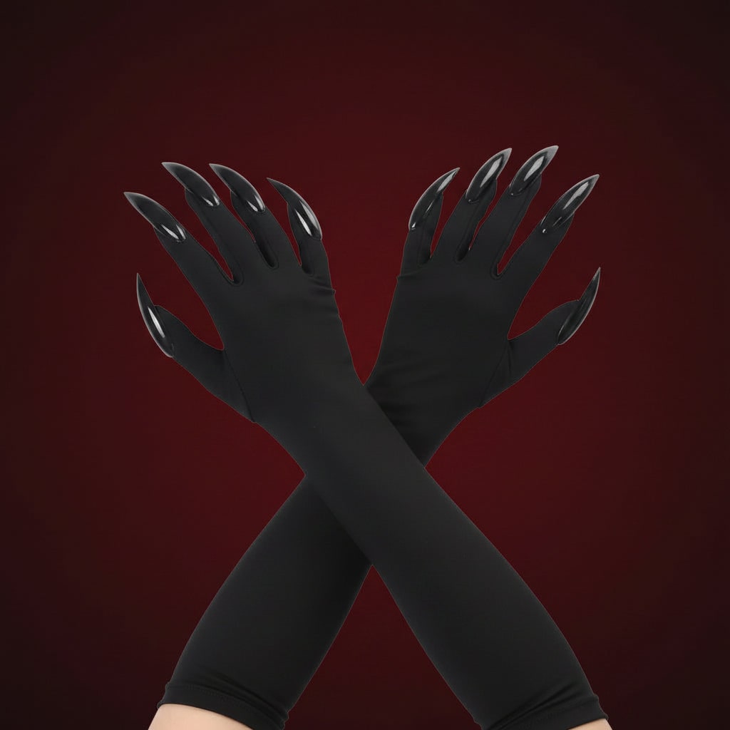 Halloween Witch Costume Claw Gloves Long Black Satin with Attached Talons Elbow Length - Image 2