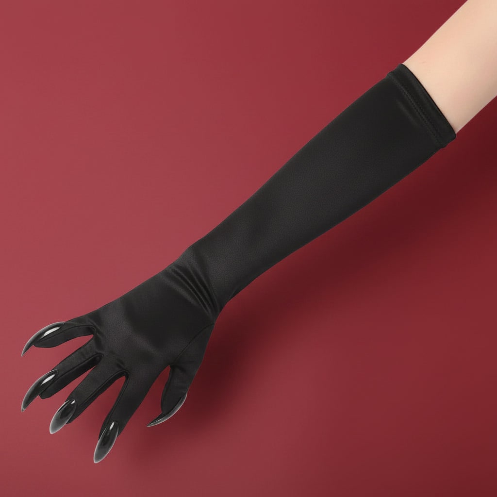 Halloween Witch Costume Claw Gloves Long Black Satin with Attached Talons Elbow Length - Image 3