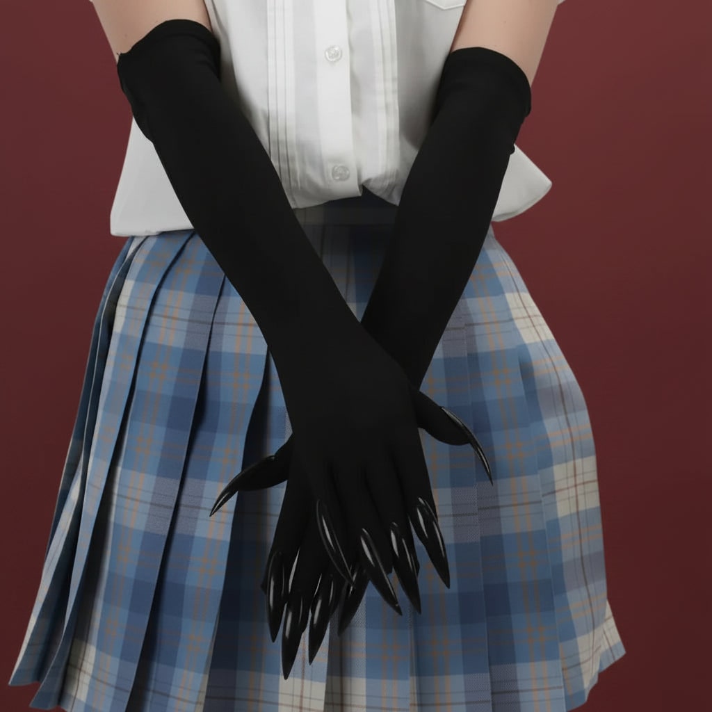 Halloween Witch Costume Claw Gloves Long Black Satin with Attached Talons Elbow Length - Image 5