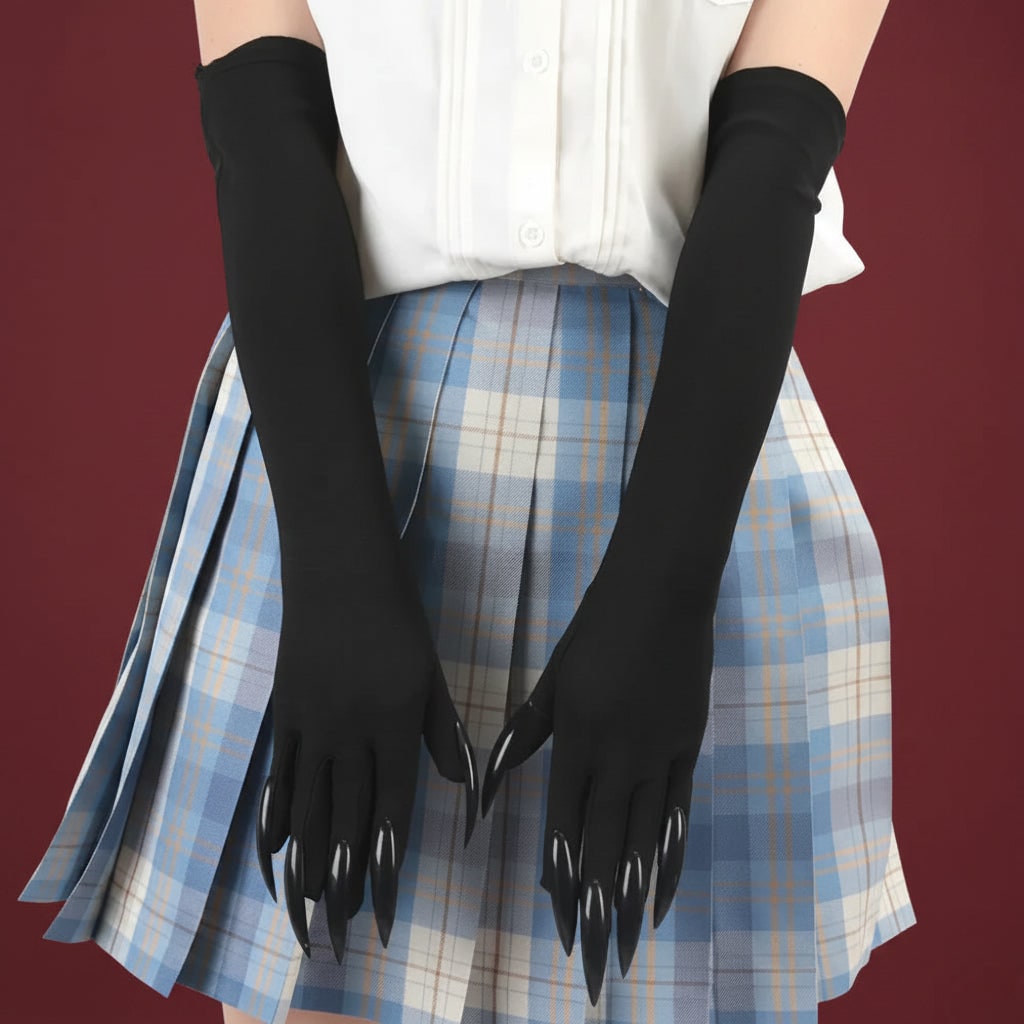 Halloween Witch Costume Claw Gloves Long Black Satin with Attached Talons Elbow Length - Image 6