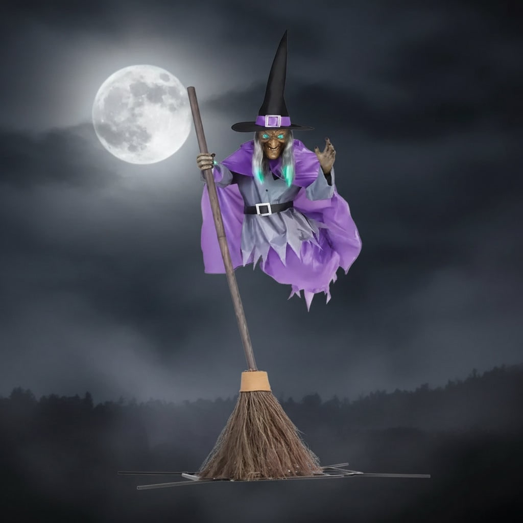 Halloween Witch Decor Large Outdoor Prop with Glowing Eyes and Broomstick for Scary Yard Decoration - Image 1