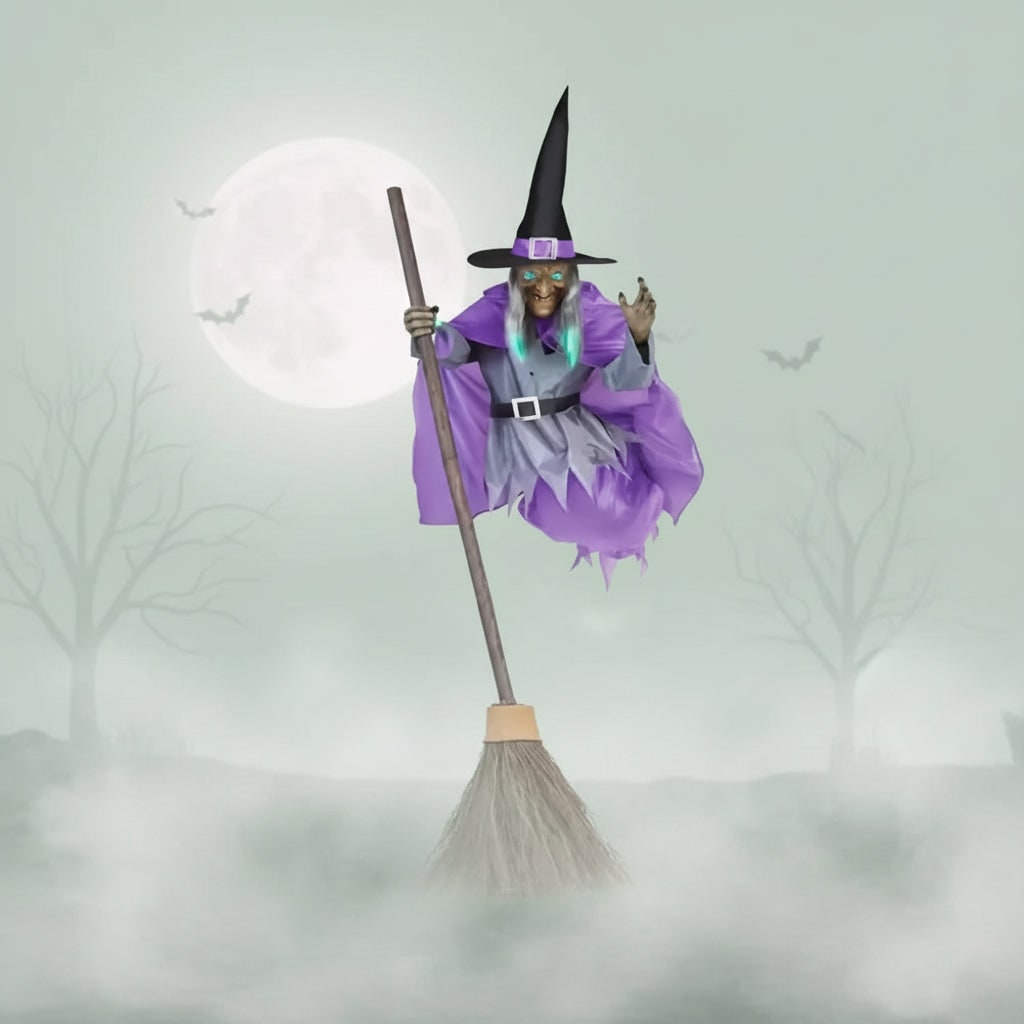 Halloween Witch Decoration Blow Up with Glowing Eyes and Flying Broomstick for Outdoor Yard Prop - Image 1