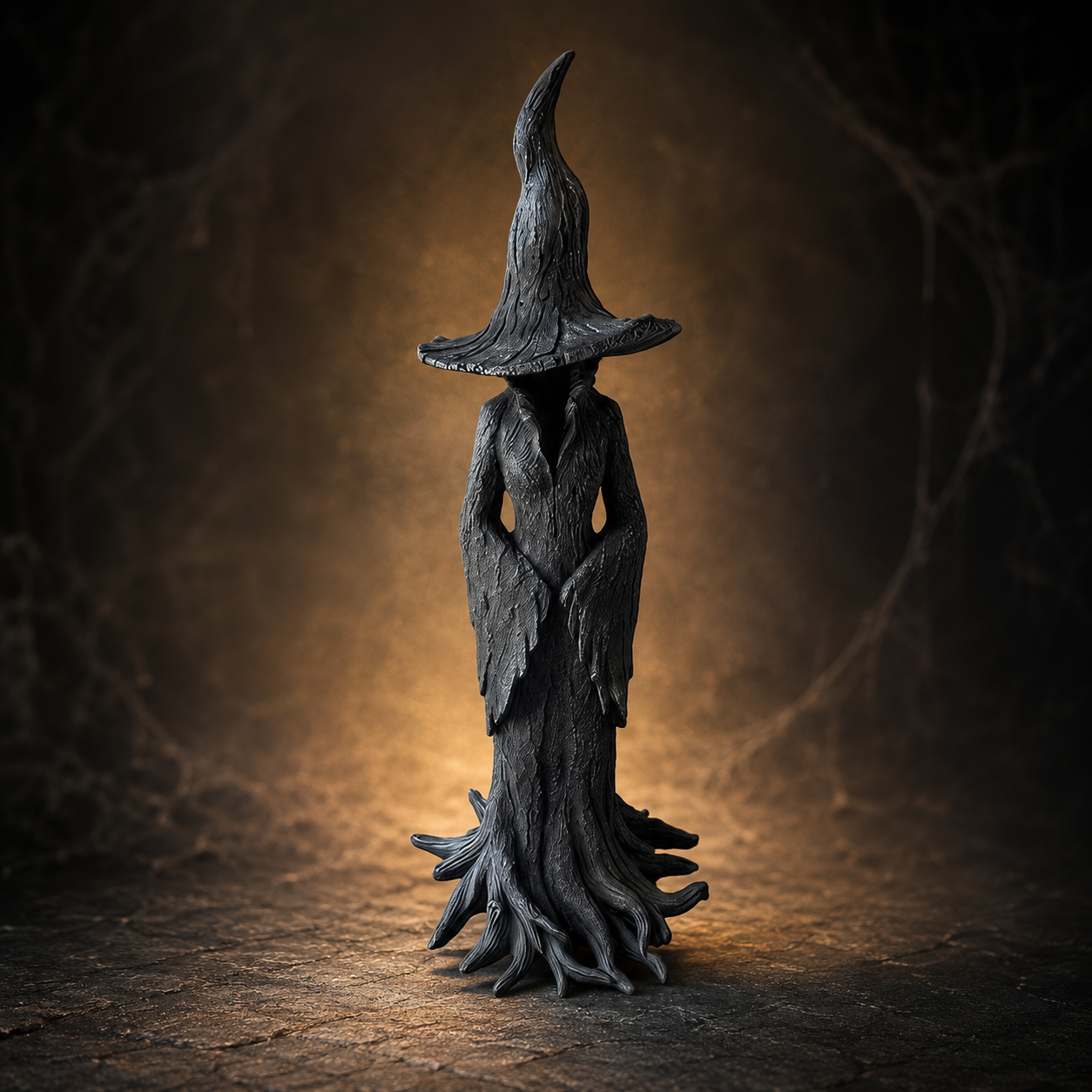Halloween Witch Decoration Figurine with Textured Bark Finish and Root Base for Tabletop Decor - Image 1