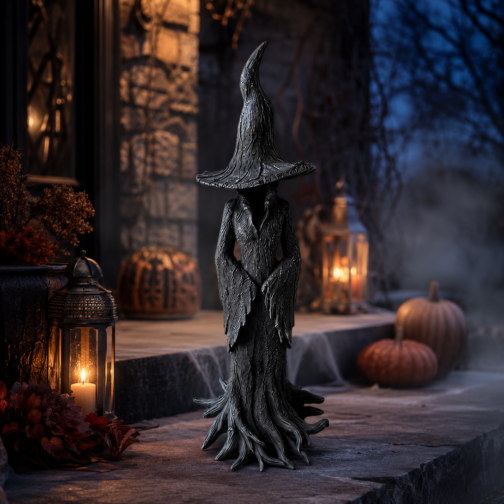Halloween Witch Decoration Figurine with Textured Bark Finish and Root Base for Tabletop Decor - Image 2