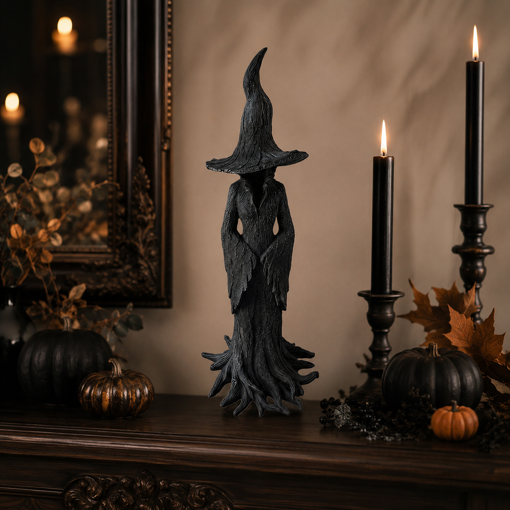 Halloween Witch Decoration Figurine with Textured Bark Finish and Root Base for Tabletop Decor - Image 3