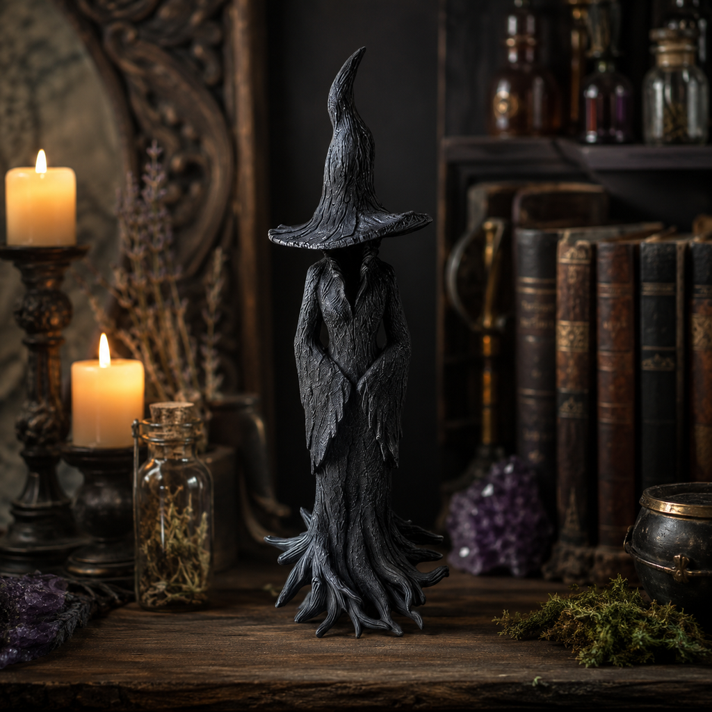 Halloween Witch Decoration Figurine with Textured Bark Finish and Root Base for Tabletop Decor - Image 4