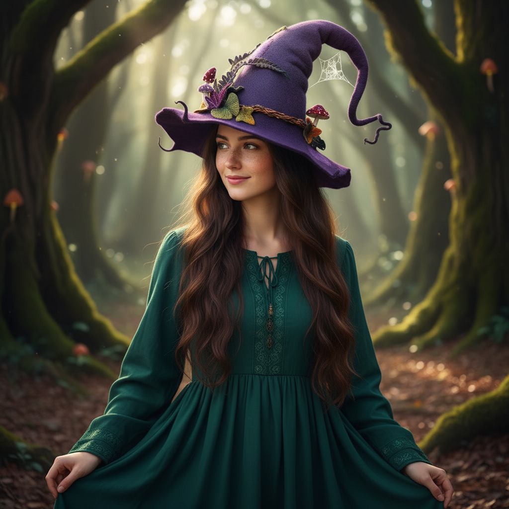 Halloween Witch Hat Felted Wool with Spiderweb Embroidery and Floral Design for Costume Party - Image 1