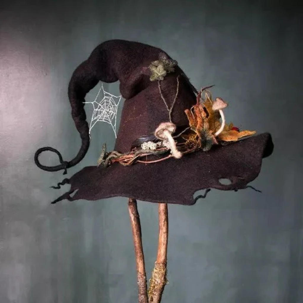 Halloween Witch Hat Felted Wool with Spiderweb Embroidery and Floral Design for Costume Party - Image 4