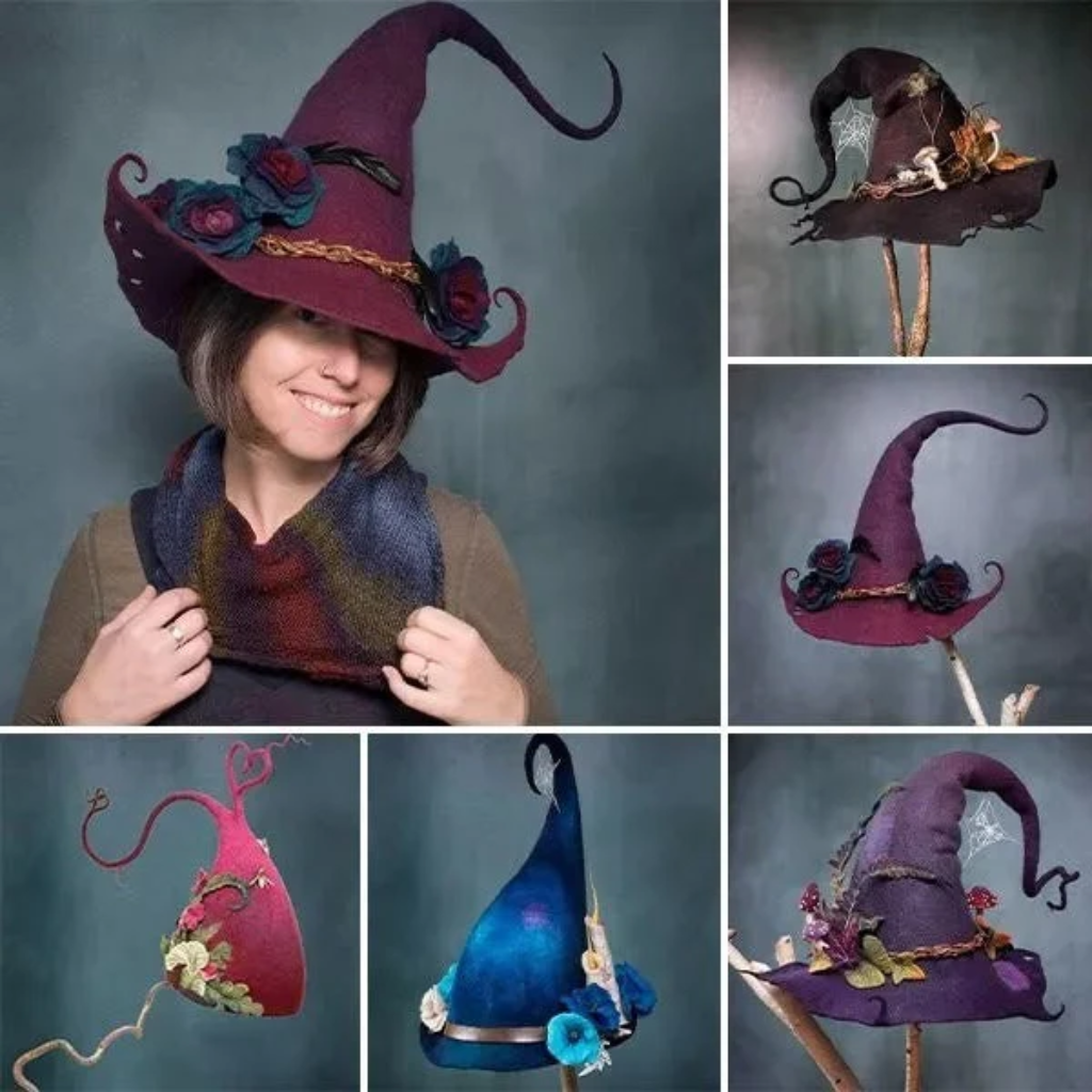 Halloween Witch Hat Felted Wool with Spiderweb Embroidery and Floral Design for Costume Party - Image 5