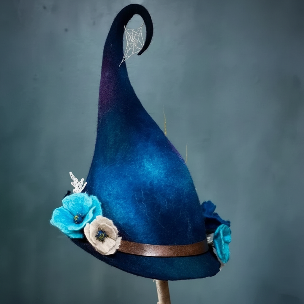 Halloween Witch Hat Felted Wool with Spiderweb Embroidery and Floral Design for Costume Party - Image 6