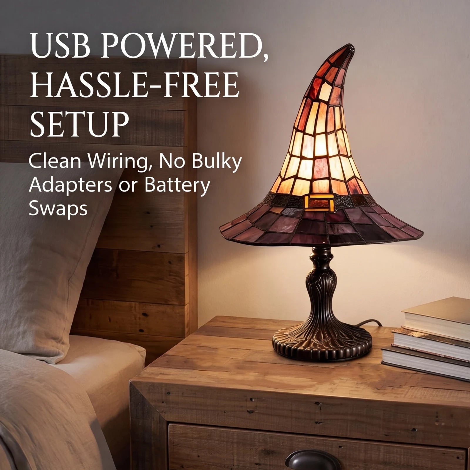 Halloween Witch Hat Tiffany Style Table Lamp with USB Power and Warm Glow Decoration Bed Side - Image 2