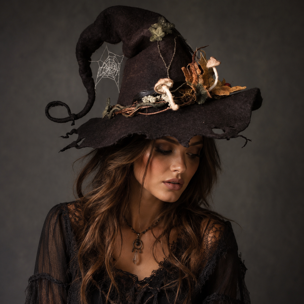 Halloween Witch Hat with Decorated Forest Elements and Whimsical Curled Tip Witches - Image 1