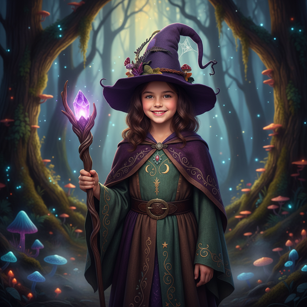 Halloween Witch Hat with Decorated Forest Elements and Whimsical Curled Tip Witches - Image 2