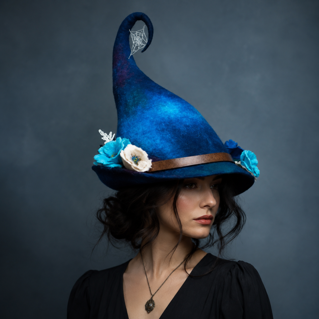 Halloween Witch Hat with Decorated Forest Elements and Whimsical Curled Tip Witches - Image 3