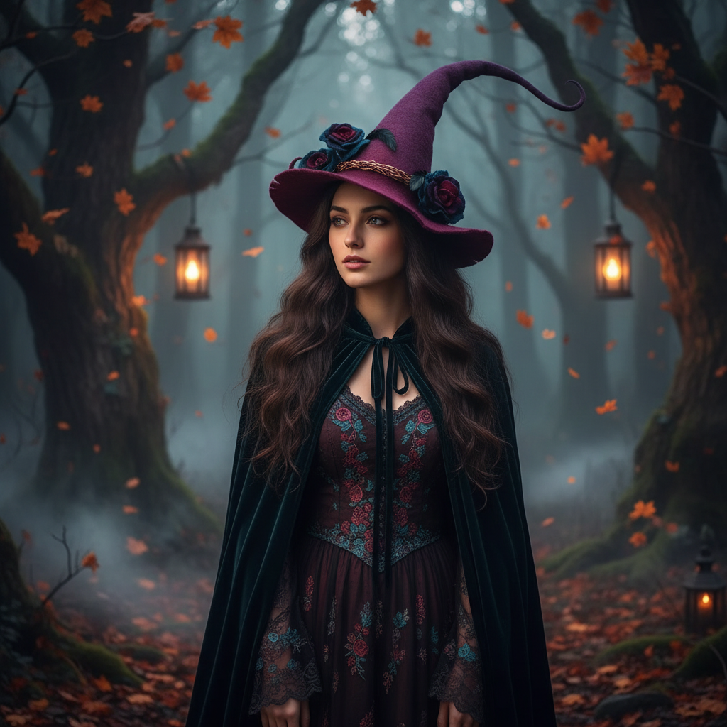 Halloween Witch Hat with Decorated Forest Elements and Whimsical Curled Tip Witches - Image 4