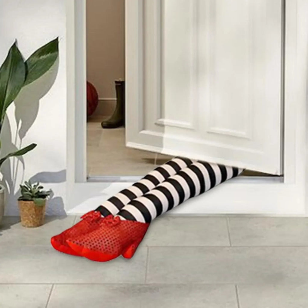 Halloween Witch Legs Decoration Door Stopper with Striped Plush and Red Sequin Shoes for Party Decor - Image 2