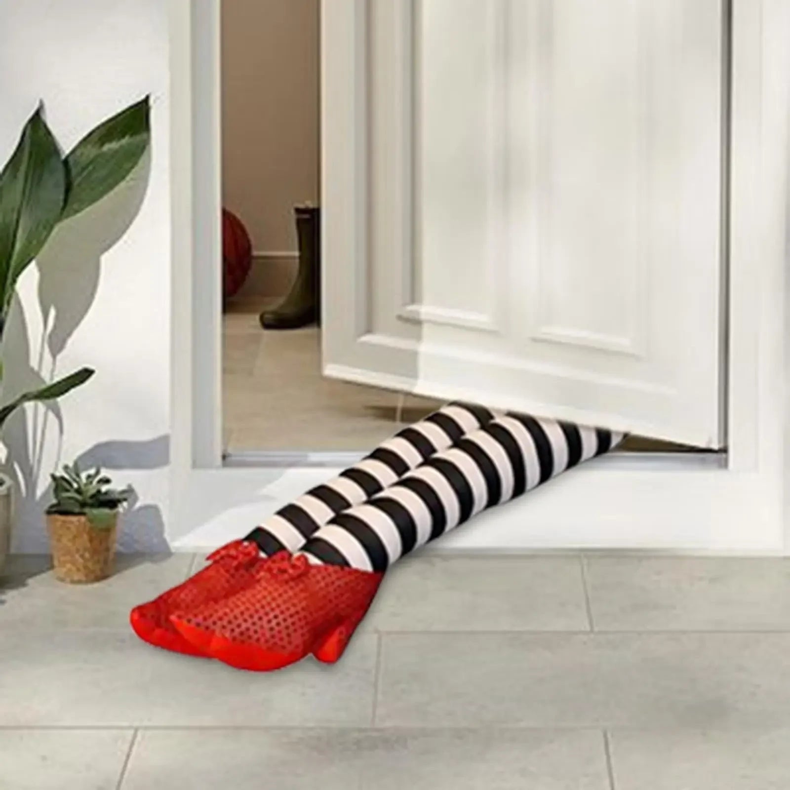 Halloween Witch Legs Decoration Door Stopper with Striped Plush and Red Sequin Shoes for Party Decor - Image 2