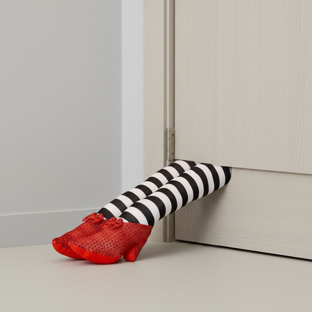 Halloween Witch Legs Door Stopper Decoration with Striped Stockings and Red Shoes - Image 1