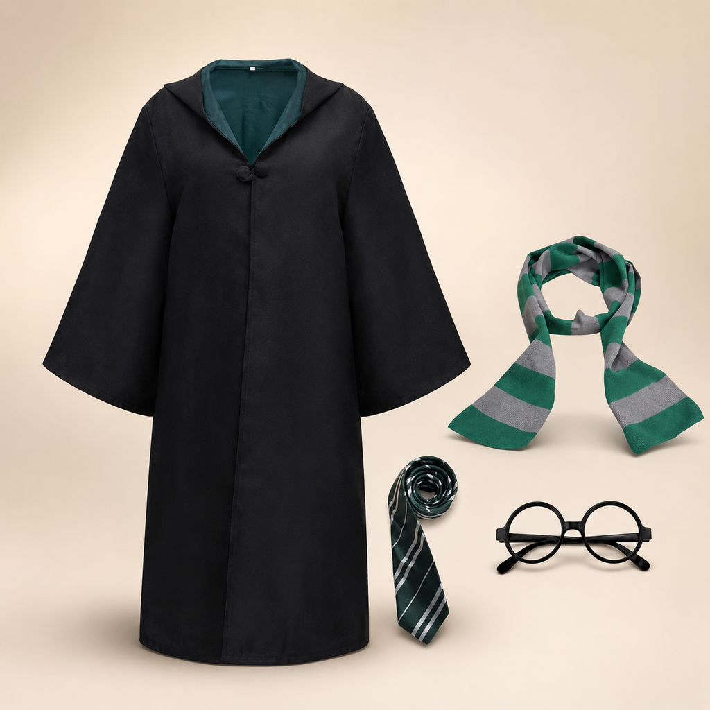 Halloween Wizard Robe Costume with Hood Bell Sleeves and Striped Scarf Accessory Set - Image 5