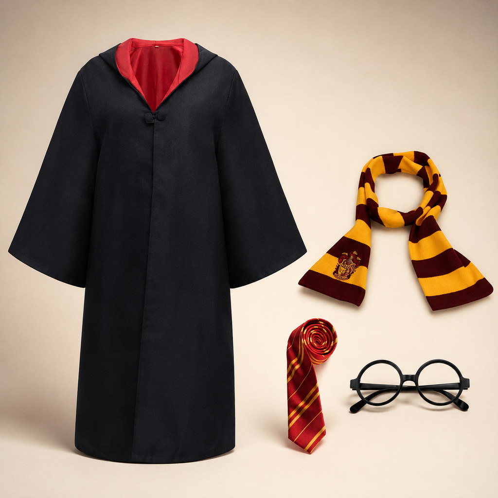 Halloween Wizard Robe Costume with Hood Bell Sleeves and Striped Scarf Accessory Set - Image 6