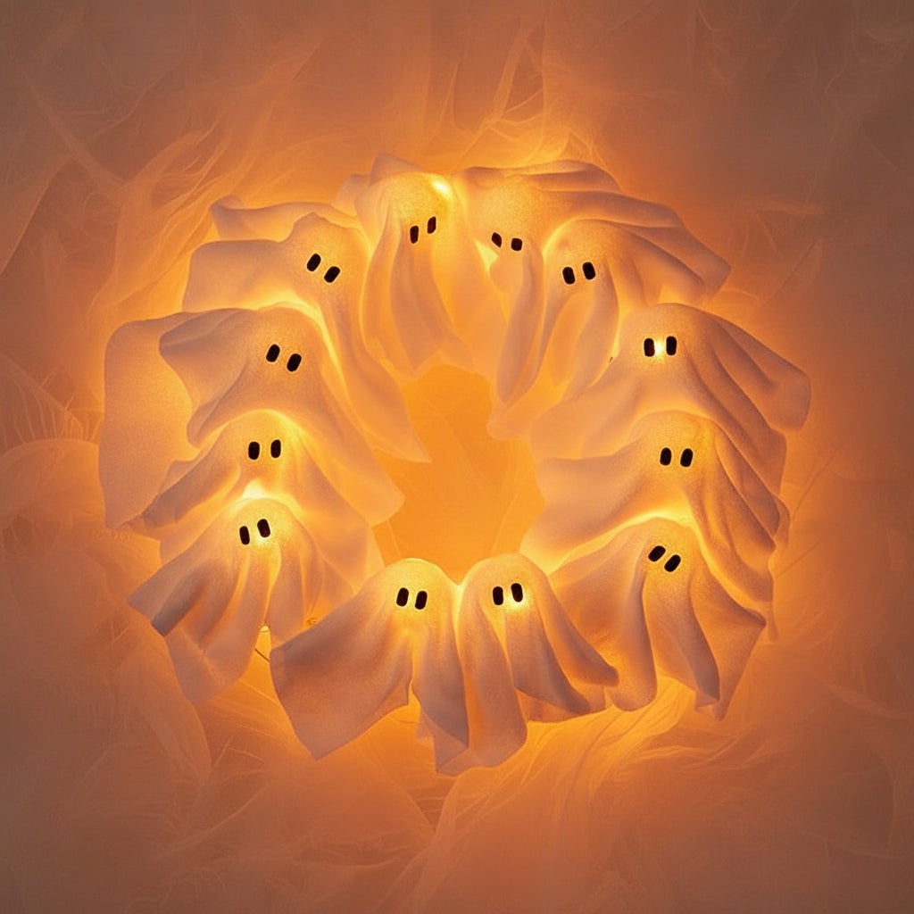 Halloween Wreath Door Decoration with LED Ghost Lights and Gauze Fabric for Front Party Decor - Image 1