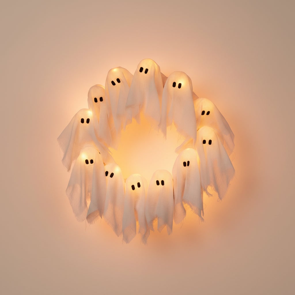 Halloween Wreath Door Decoration with LED Ghost Lights and Gauze Fabric for Front Party Decor - Image 2