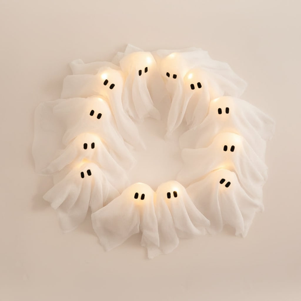 Halloween Wreath Door Decoration with LED Ghost Lights and Gauze Fabric for Front Party Decor - Image 3