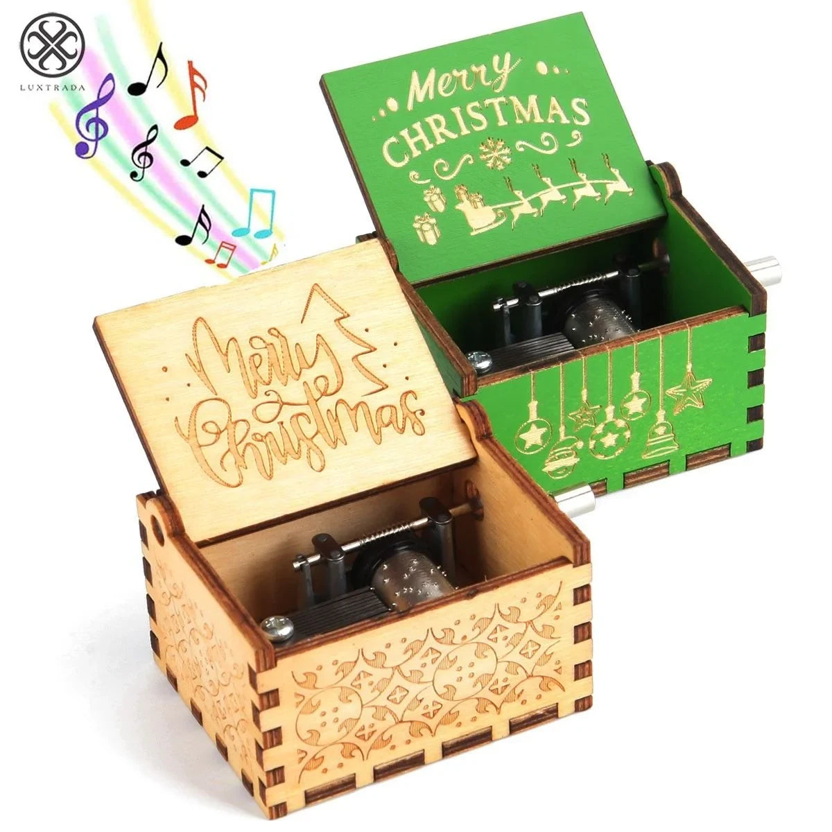 Hand Crank Christmas Music Box with Wooden Construction and Holiday Design - Image 2