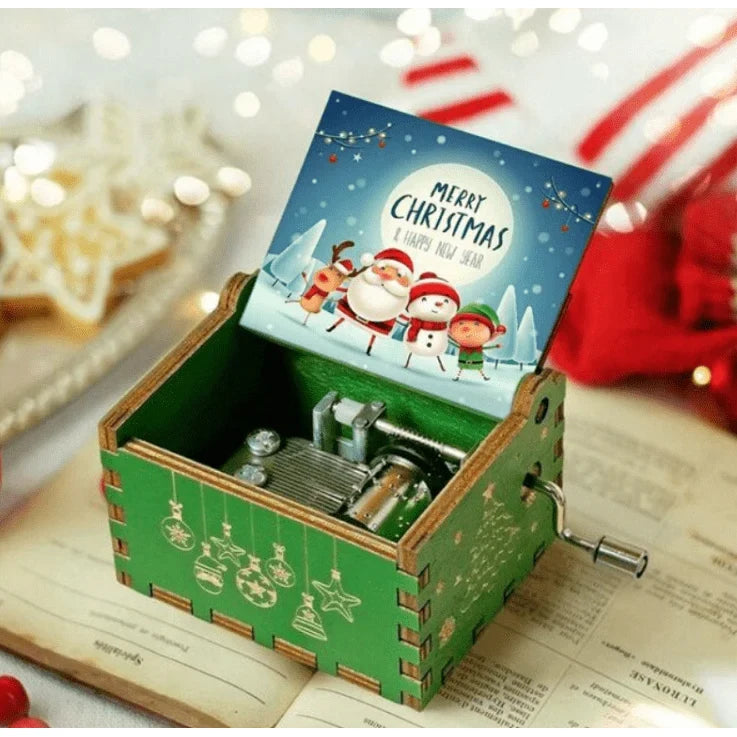 Hand Crank Christmas Music Box with Wooden Construction and Holiday Design - Image 3