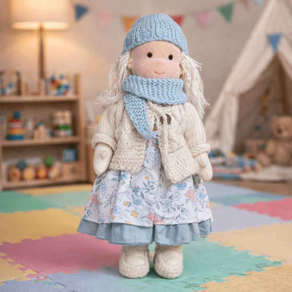 Handcrafted Waldorf Doll 28cm Cotton Handmade Fabric Knitted Clothing Yarn Hair Cloth - Image 1