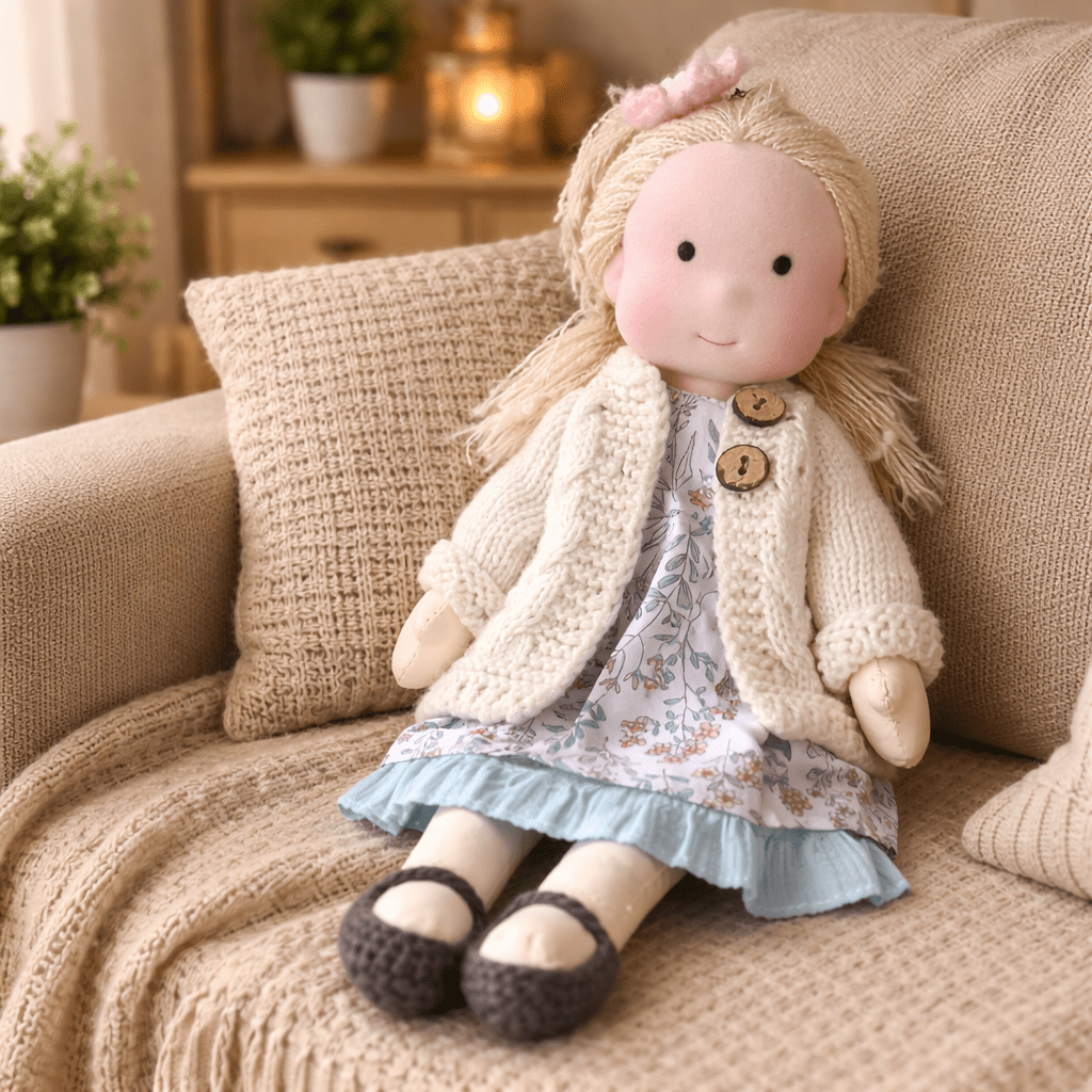 Handcrafted Waldorf Doll 28cm Cotton Handmade Fabric Knitted Clothing Yarn Hair Cloth - Image 17
