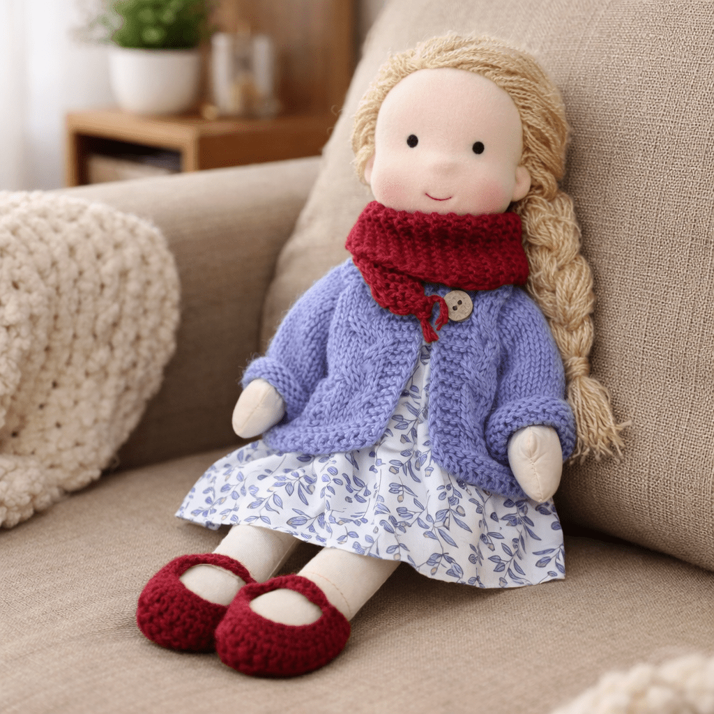Handcrafted Waldorf Doll 28cm Cotton Handmade Fabric Knitted Clothing Yarn Hair Cloth - Image 19