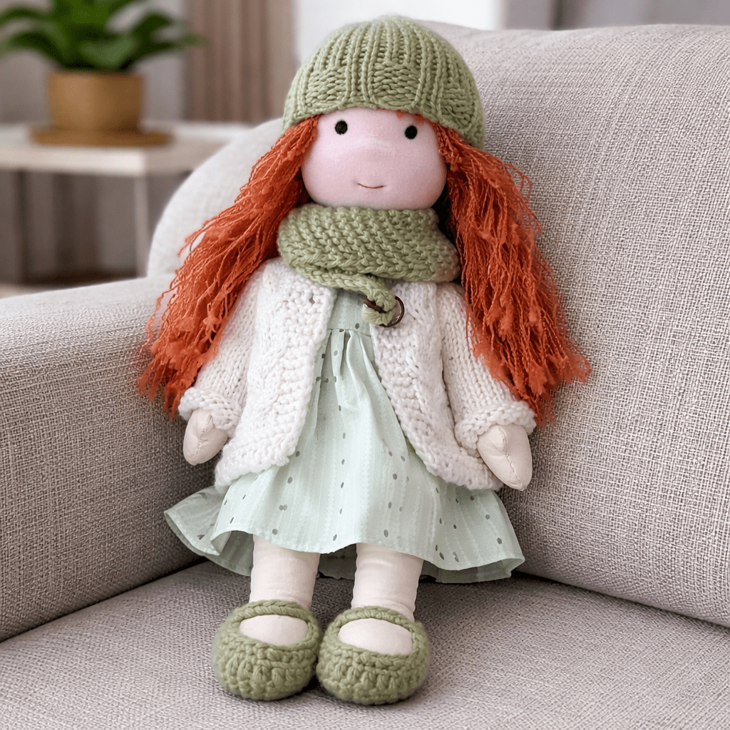 Handcrafted Waldorf Doll 28cm Cotton Handmade Fabric Knitted Clothing Yarn Hair Cloth - Image 2