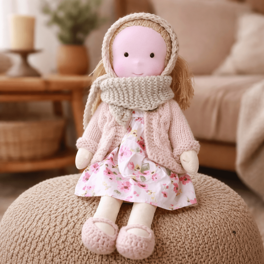 Handcrafted Waldorf Doll 28cm Cotton Handmade Fabric Knitted Clothing Yarn Hair Cloth - Image 22