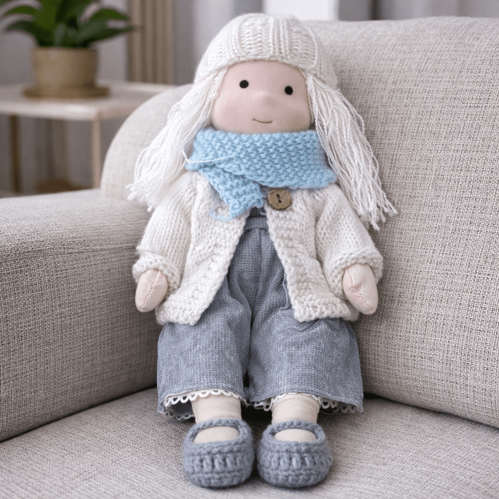 Handcrafted Waldorf Doll 28cm Cotton Handmade Fabric Knitted Clothing Yarn Hair Cloth - Image 3