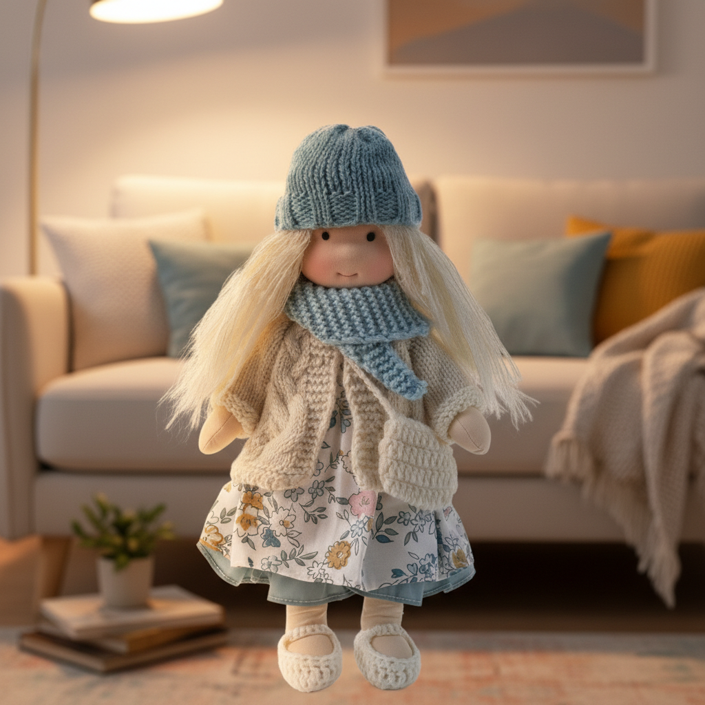 Handcrafted Waldorf Doll 28cm Cotton Handmade Fabric Knitted Clothing Yarn Hair Cloth - Image 38