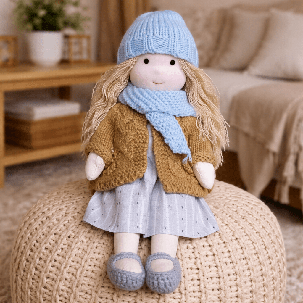 Handcrafted Waldorf Doll 28cm Cotton Handmade Fabric Knitted Clothing Yarn Hair Cloth - Image 5