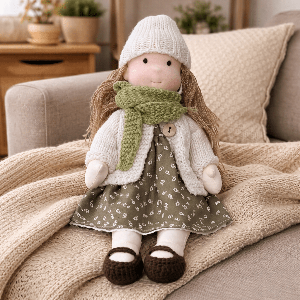 Handcrafted Waldorf Doll 28cm Cotton Handmade Fabric Knitted Clothing Yarn Hair Cloth - Image 6