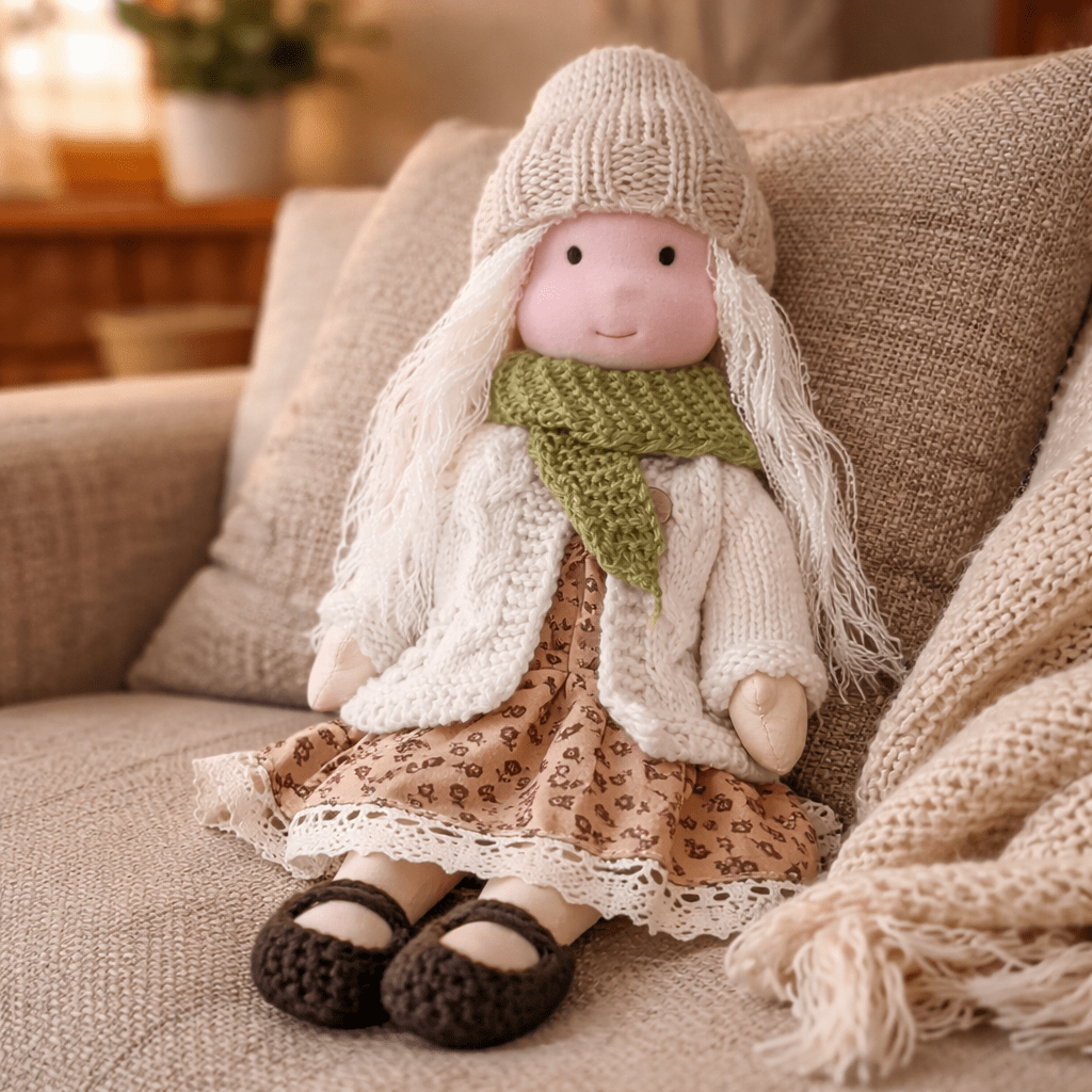 Handcrafted Waldorf Doll 28cm Cotton Handmade Fabric Knitted Clothing Yarn Hair Cloth - Image 8