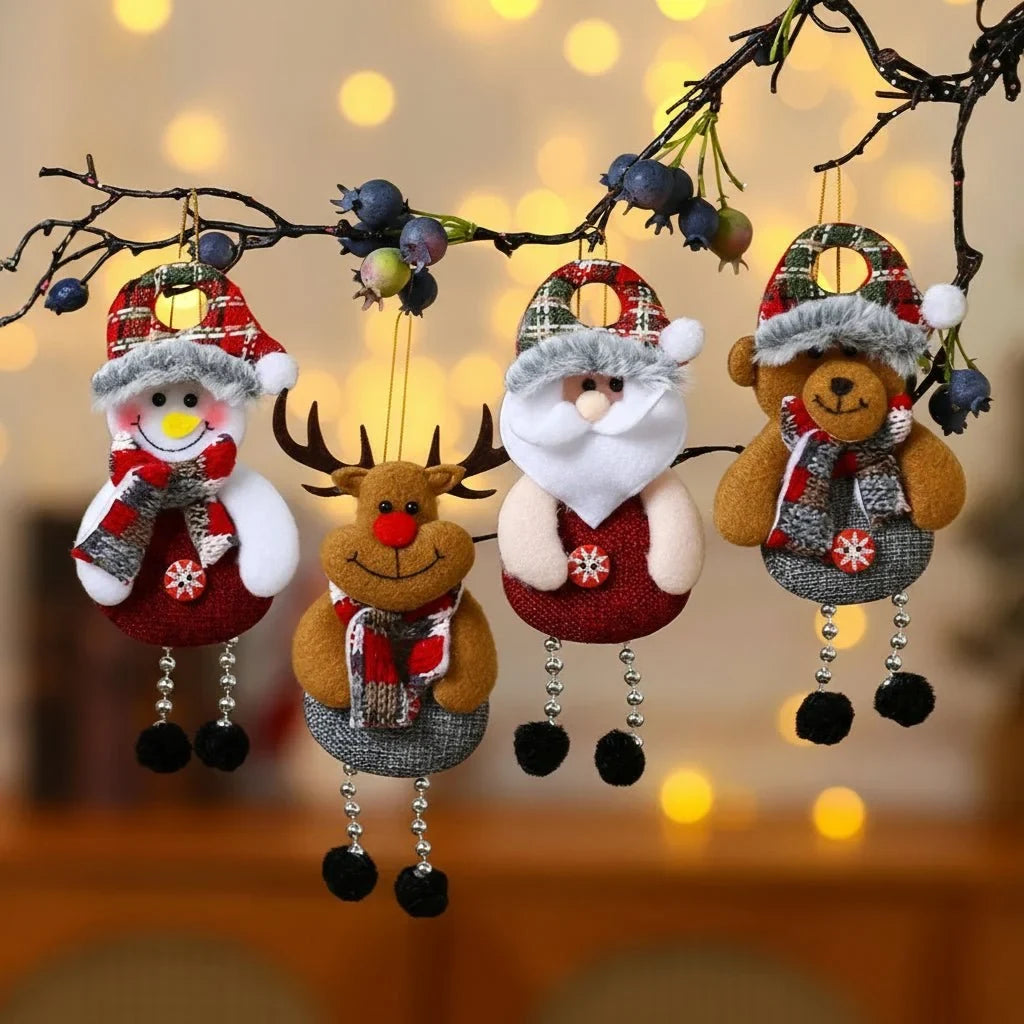 Hanging Fabric Christmas Ornaments with Plaid Hats and Dangling Bead Legs - Image 2