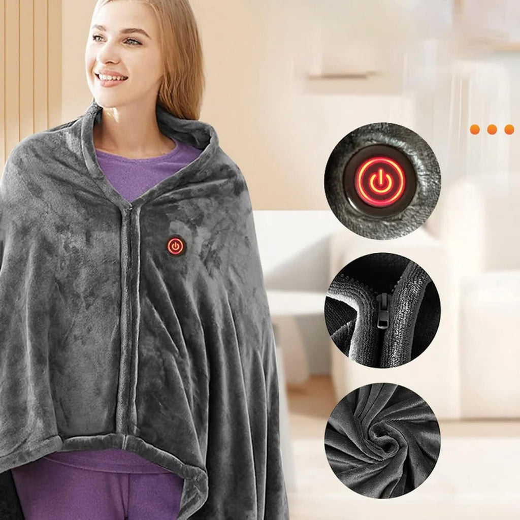 Heated Blanket Shawl with Electric Throw Wearable Fleece Cape with Zipper and USB Power - Image 2