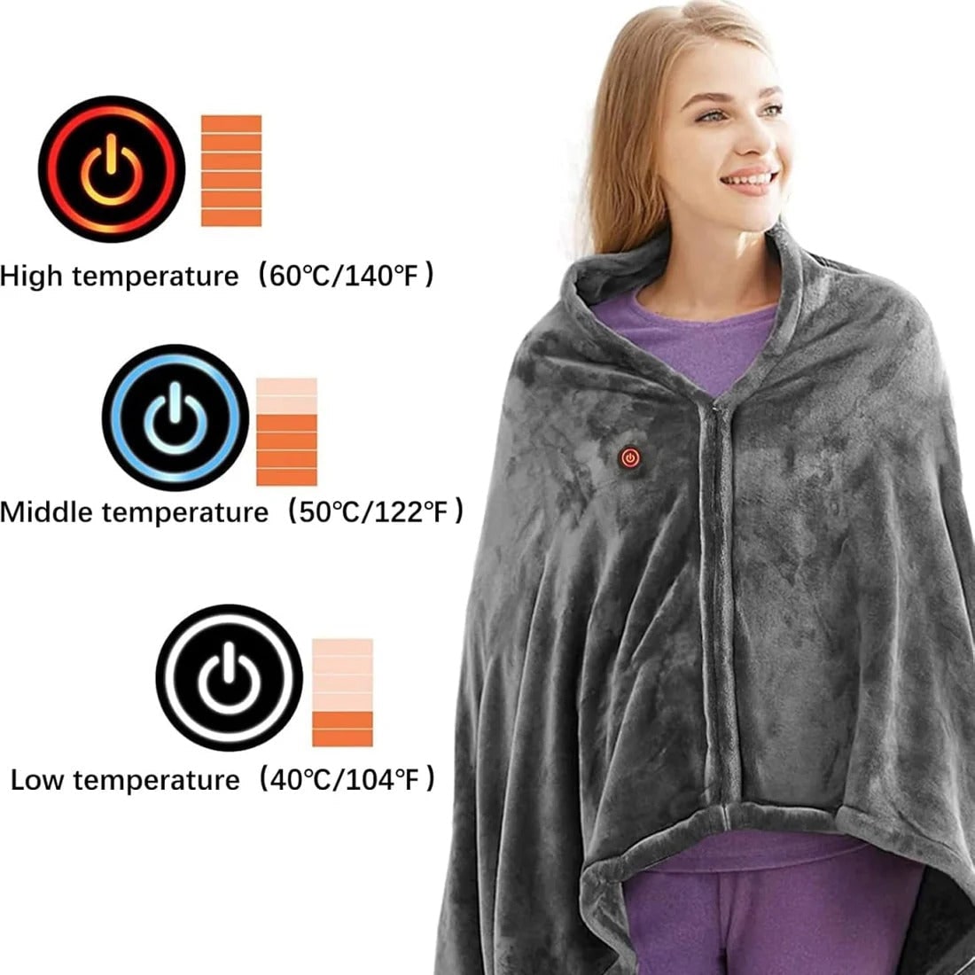 Heated Blanket Shawl with Electric Throw Wearable Fleece Cape with Zipper and USB Power - Image 6