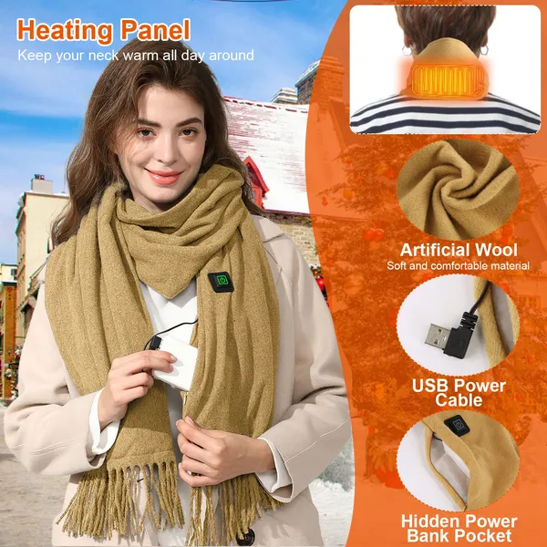 Heated Scarf and Neck Wrap with USB Power Fleece Fabric Three Temperature Settings Wool - Image 1