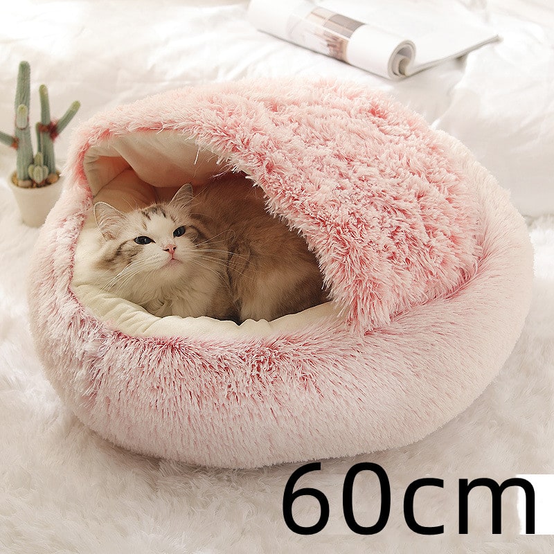 Hooded Cat Bed with Cave Design and Plush Donut Shape Enclosed Cozy Pet with Cushioned Rim - Image 1