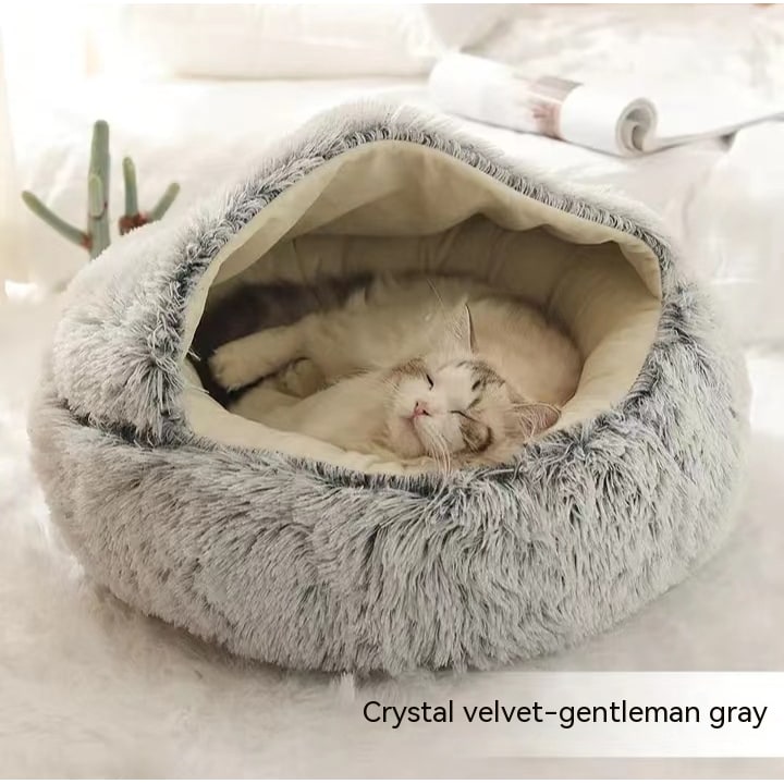 Hooded Cat Bed with Cave Design and Plush Donut Shape Enclosed Cozy Pet with Cushioned Rim - Image 42