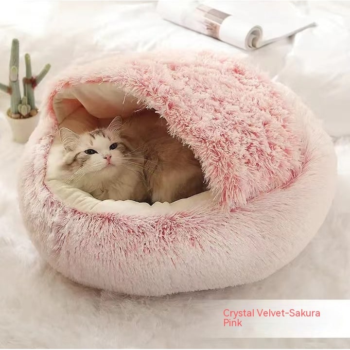 Hooded Cat Bed with Cave Design and Plush Donut Shape Enclosed Cozy Pet with Cushioned Rim - Image 53
