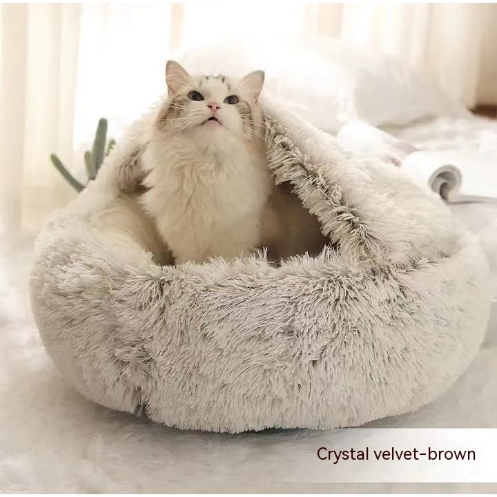 Hooded Cat Bed with Cave Design and Plush Donut Shape Enclosed Cozy Pet with Cushioned Rim - Image 63