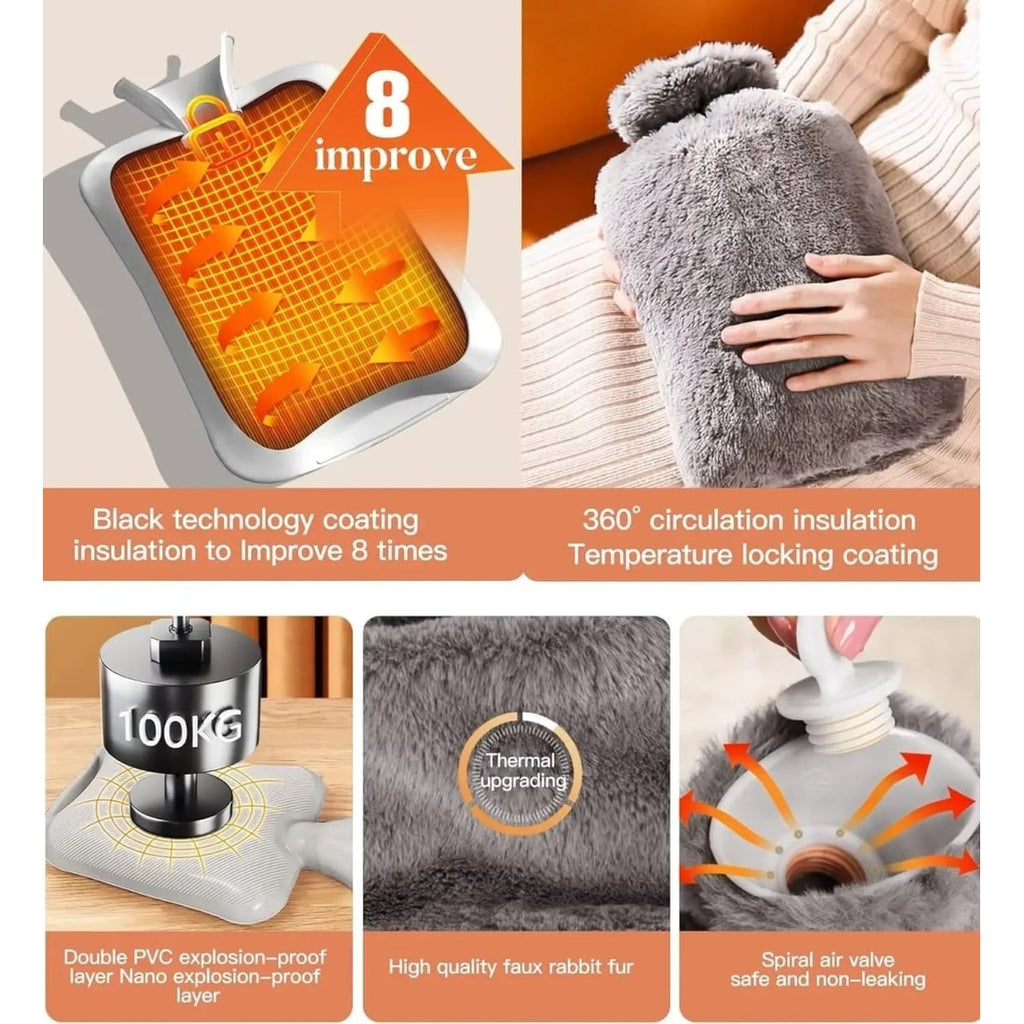 Hot Water Bottle Bag Plush Faux Fur Cover Removable Portable - Image 5