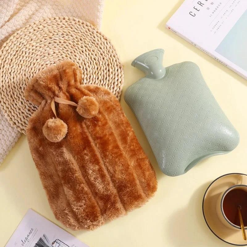 Hot Water Bottle Bag Removable Plush Cover Ribbed Rubber Warm - Image 1